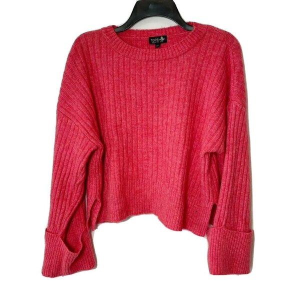 Topshop Womens Cropped Oversized Knitted Sweater Red Sz 8 Ribbed Relaxed Fit - Picture 1 of 9